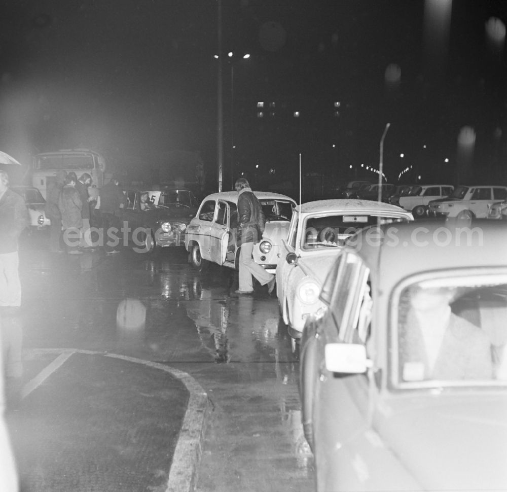 Aerial image at night Cottbus - Passenger Cars - Motor Vehicles in Road Traffic on the occasion of a night trip of the TV show Street Acquaintances in Cottbus in the state Brandenburg on the territory of the former GDR, German Democratic Republic