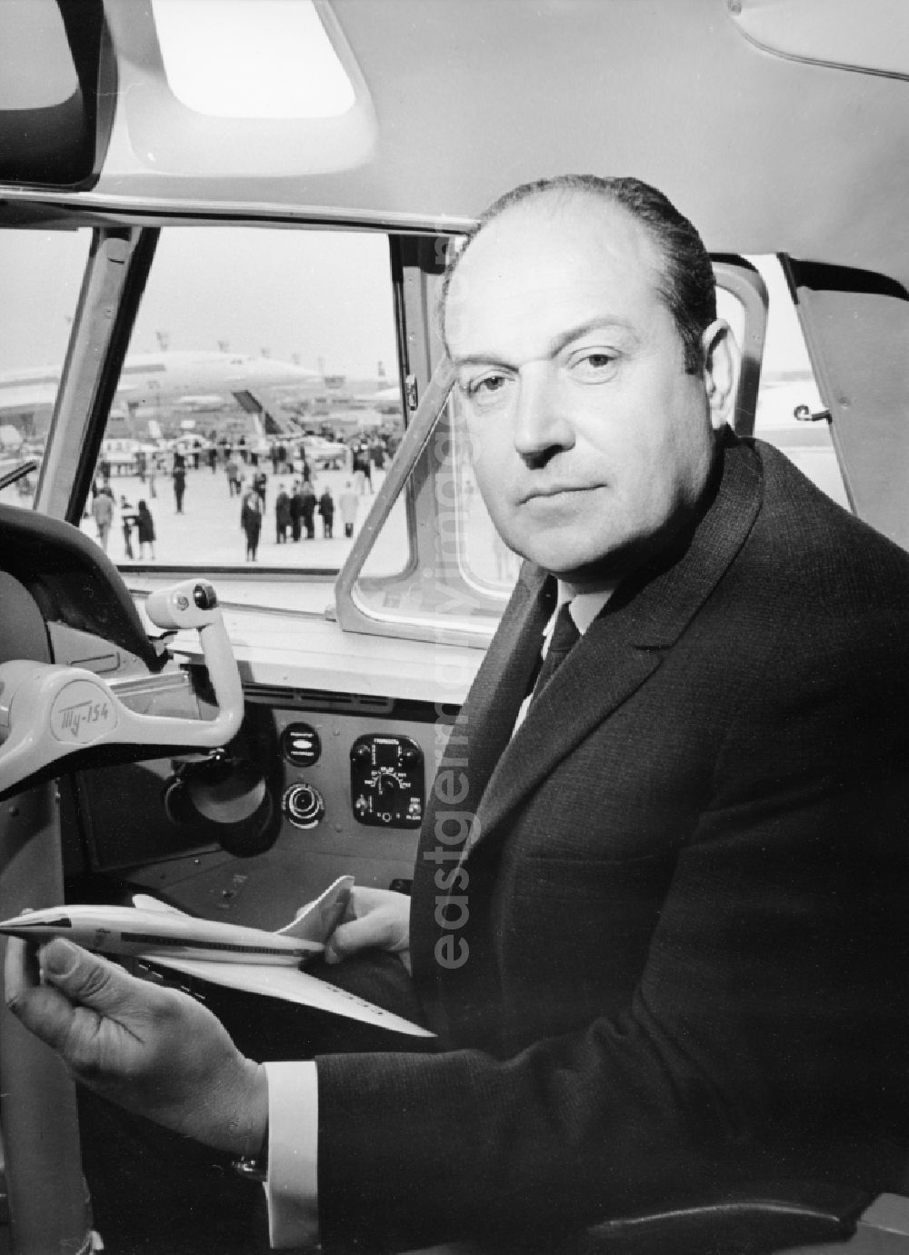 GDR picture archive: Paris - Alexei Andreyevich Tupolev sitting in the cockpit of the Tupolev 154, which he constructed, at the 29th Aero Salon 1971st. Tupolev was a Soviet aircraft engineer who has followed in the footsteps of his father Andrei Tupolev. He worked on the development of long-range bomber Tu-16 and was chief designer of the first Soviet supersonic passenger plane, the TU144