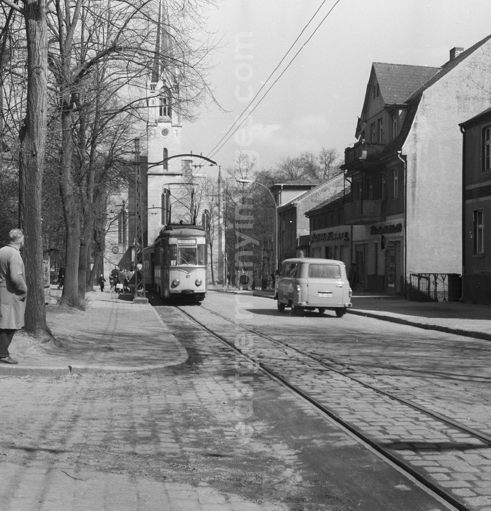 GDR image archive: Rüdersdorf bei Berlin - Old town of Ruedersdorf with the Kalkberger church and a tram near Berlin in the federal state Brandenburg on the territory of the former GDR, German Democratic Republic