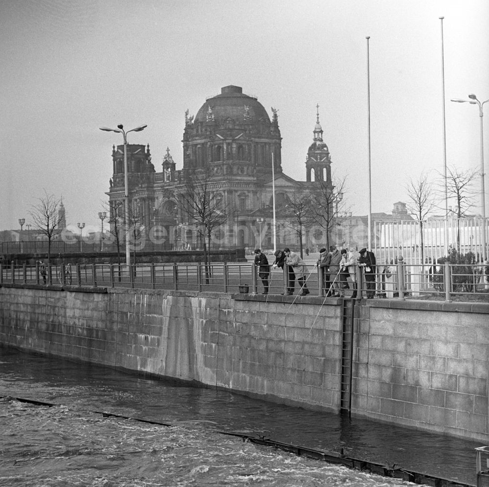 GDR picture archive: Berlin - Mitte - Anglers are on the Spree canal at Palace Square, once Marx-Engels-Platz, in Berlin - Mitte. In the background of the Berlin cathedral is seen