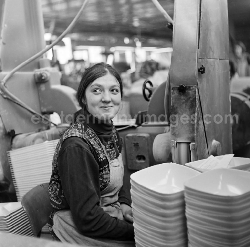 GDR picture archive: Spremberg - A worker during her shift in the factory of the company SPRELA in Spremberg in the state Brandenburg on the territory of the former GDR, German Democratic Republic
