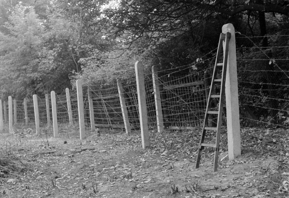 GDR photo archive: Potsdam - Construction site for the expansion of the border fortifications and wall as well as security structures and protective fence systems in the blocking strip of the state border on street Louis-Nathan-Allee in the district Klein Glienicke in Potsdam, Brandenburg on the territory of the former GDR, German Democratic Republic