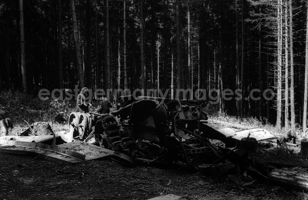 GDR picture archive: Schierke - Familie beim Waldspaziergang im Harz. Im Vordergrund Panzer-Reste, ein Relikt aus dem Zweiten Weltkrieg. Family at the forest walk in the Harz Mountains. A tank wreck in the front.