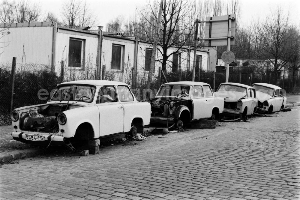 Berlin: Destroyed car wrecks of the type Trabant are standing on a roadside in Berlin - Friedrichshain, the former capital of the GDR, German Democratic Republic