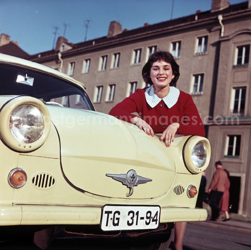 Dresden: A model poses at a car AWZ P5