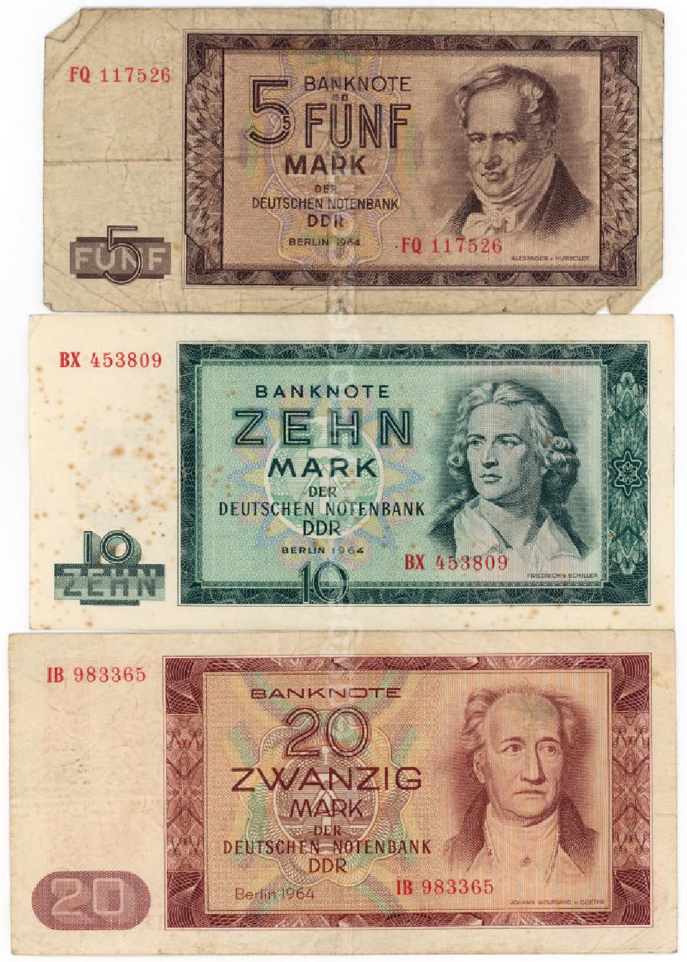 GDR image archive: Berlin - Banknoten der Mark der DDR Ausgabe 1964 in Stückelung zu 5, 10 und 2