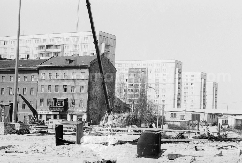 GDR photo archive: Berlin - Building site to the new building of the street to old Friedrich's field formerly street of the freeing in the district bright mountain in Berlin, the former capital of the GDR, German democratic republic