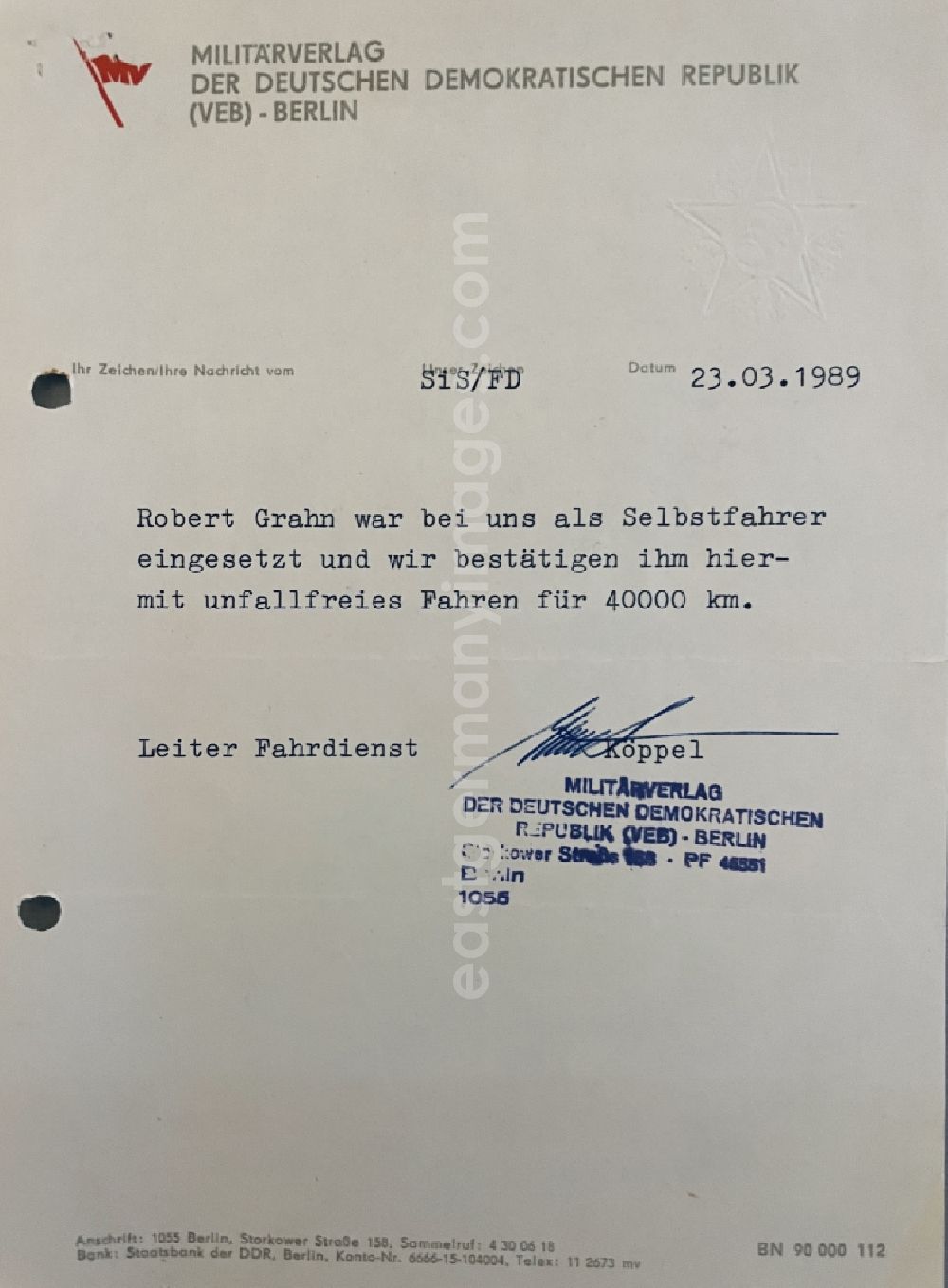 GDR photo archive: Berlin - Reproduction Certificate for accident-free driving issued in Berlin, the former capital of the GDR, German Democratic Republic