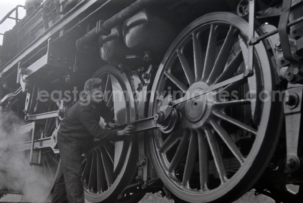 Halberstadt: Maintenance and repair work on the operation of steam locomotives of the Deutsche Reichsbahn of the construction series 23 in Halberstadt in the state Saxony-Anhalt on the territory of the former GDR, German Democratic Republic