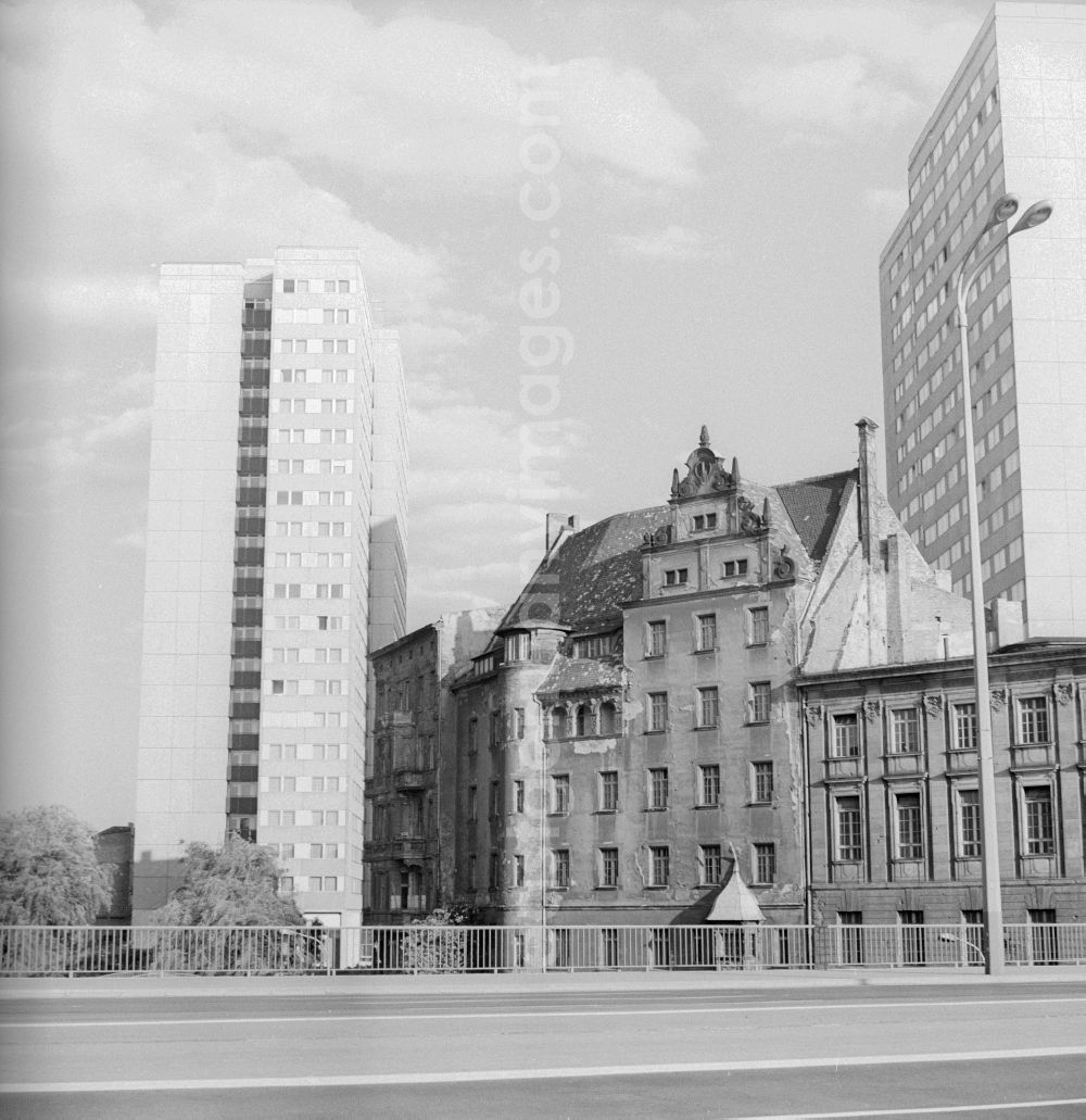 GDR image archive: Berlin - View from the bridge Fischerkietz to a part of the residential area on the Fischerinsel with high-rise buildings and old buildings in Berlin, the former capital of the GDR, German Democratic Republic
