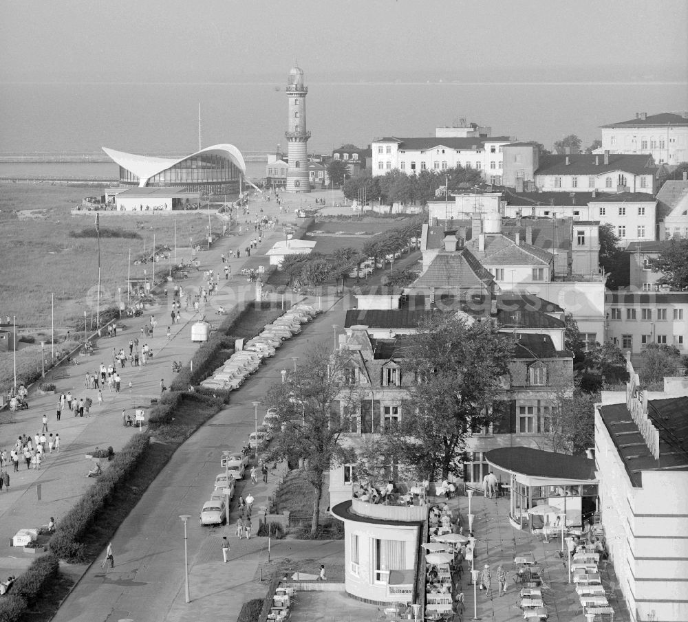 GDR picture archive: Rostock - View from the lake promenade to the lighthouse and the restaurant Teepott in the beach resort Warnemuende in Rostock in the state Mecklenburg-West Pomerania on the territory of the former GDR, German Democratic Republic
