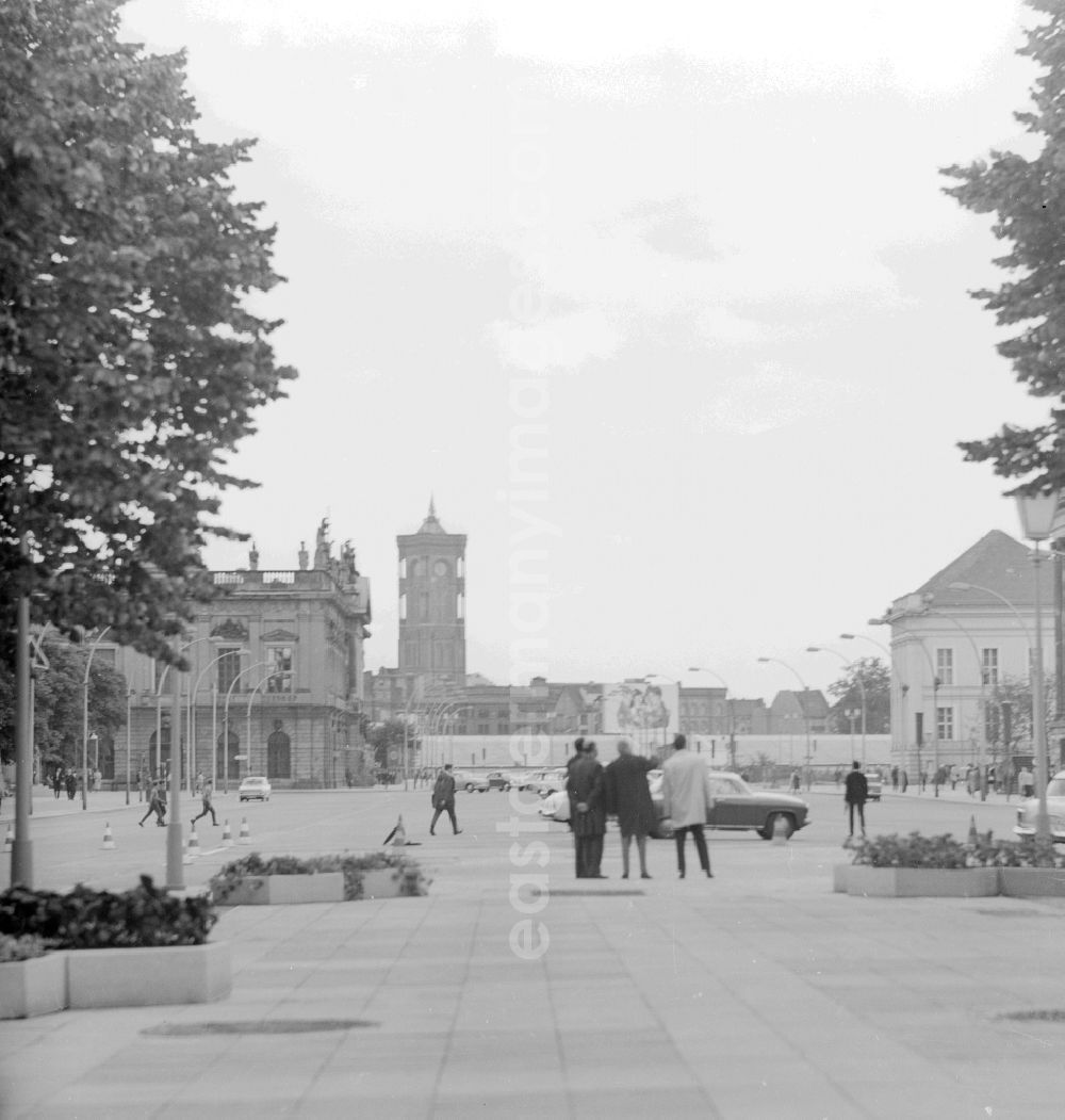 GDR picture archive: Berlin - Panoramic view from the street Unter den Linden in direction of the Red City Hall in Berlin, the former capital of the GDR, German Democratic Republic