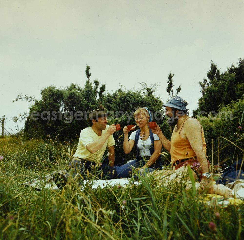 Boek: Camping enthusiasts during a picnic in a meadow in Boek in the state Mecklenburg-Western Pomerania on the territory of the former GDR, German Democratic Republic