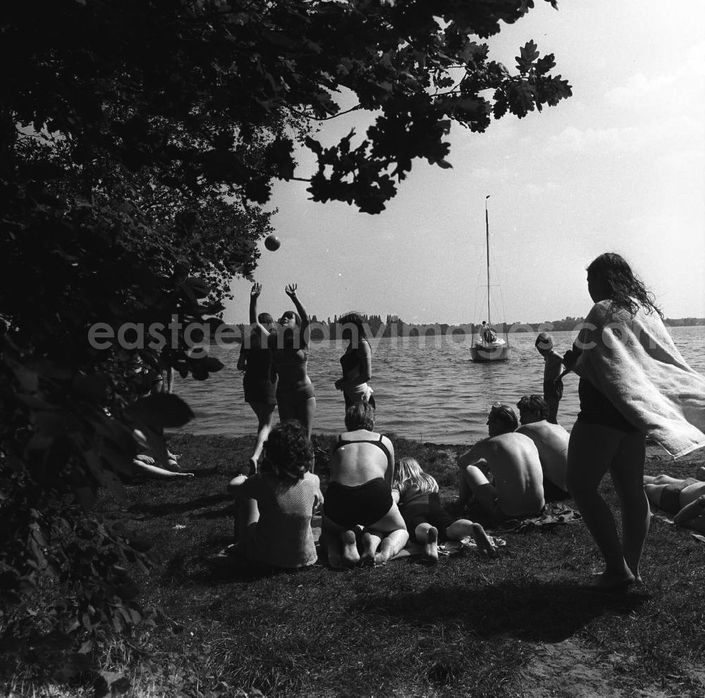 GDR image archive: Berlin-Schmöckwitz - Campingurlaub am Krossinsee. Im Bild: Urlauber beim Baden und Sonnen. Im Hintergrund ein auslaufendes Segelschiff.