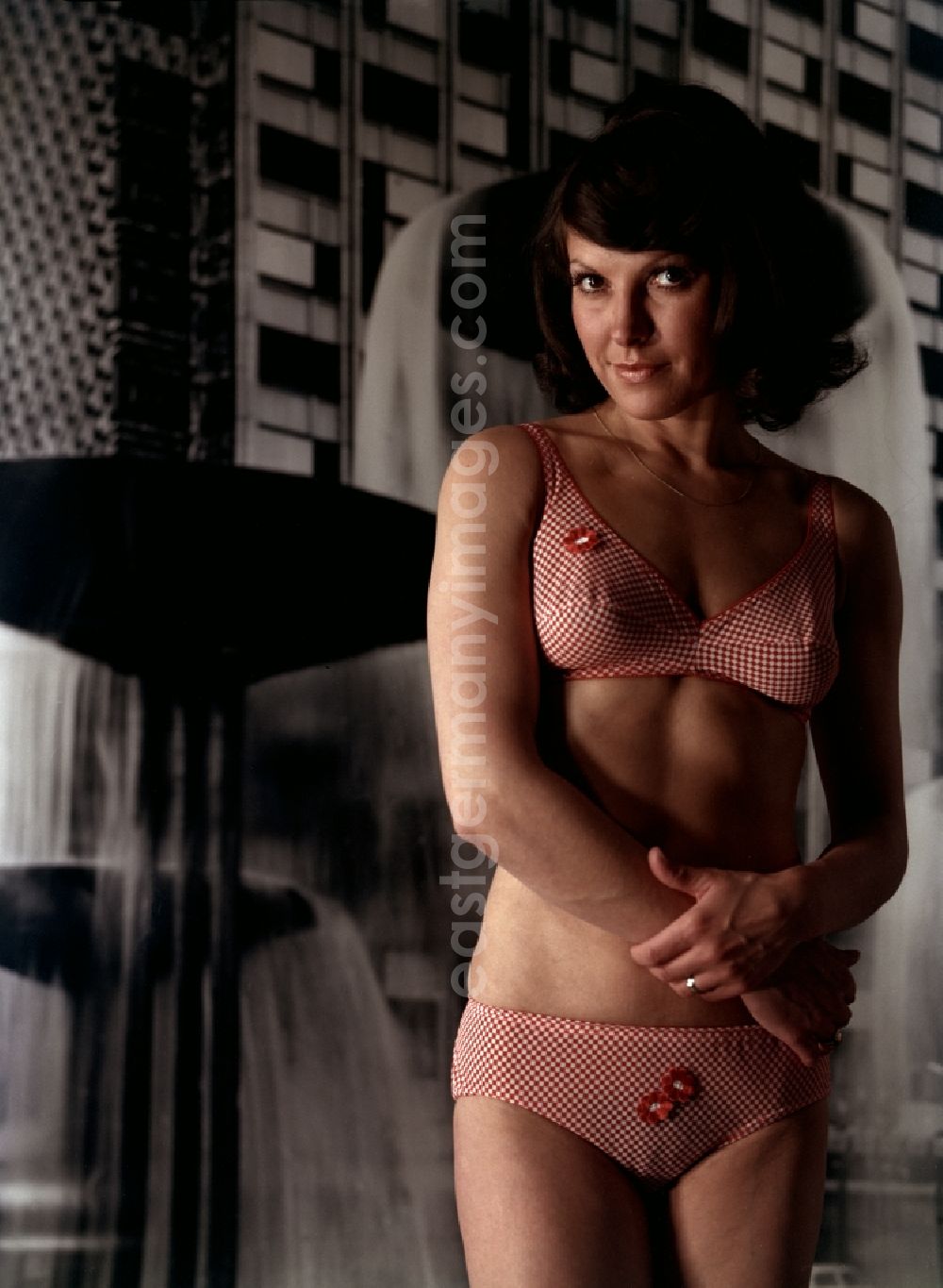 GDR photo archive: Pirna - Young models woman presents current women's fashion collection with women's underwear in Pirna in the state Saxony on the territory of the former GDR, German Democratic Republic