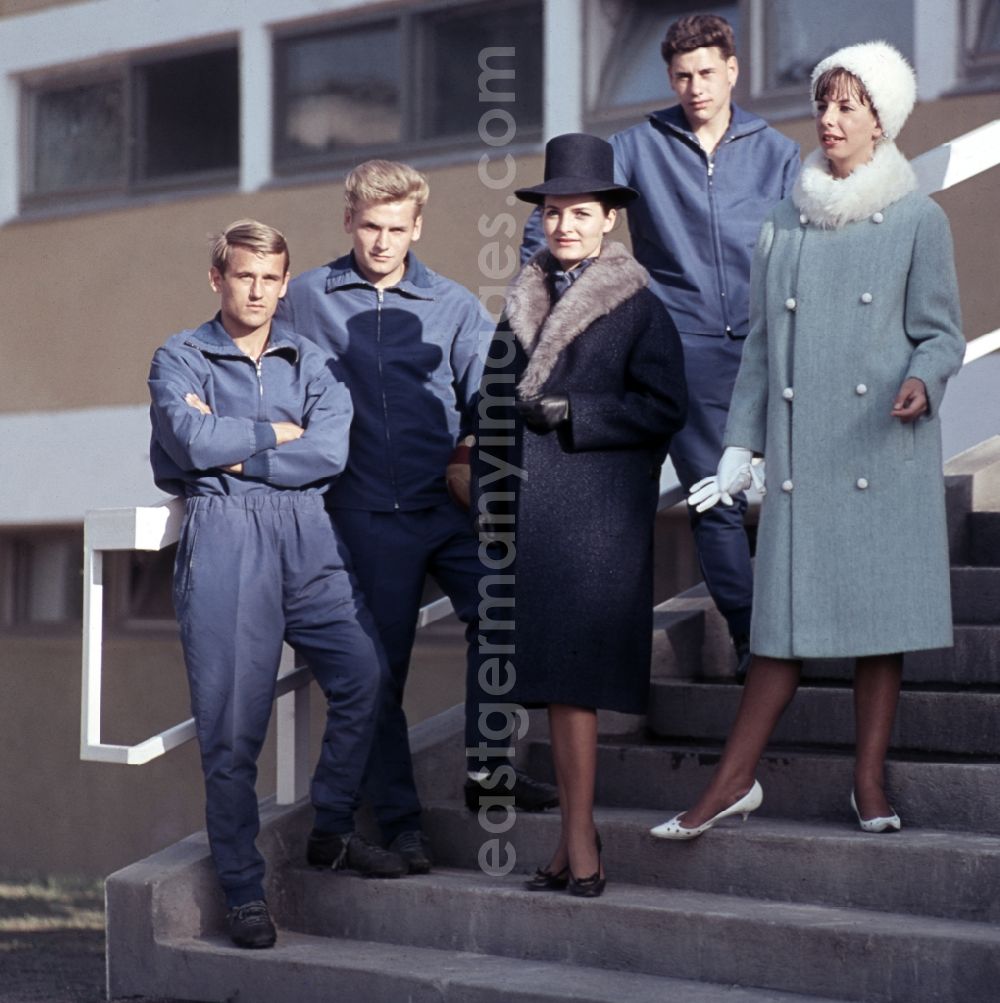 GDR picture archive: Berlin - Young woman presents current women's fashion collection the winter fashion in Berlin, the former capital of the GDR, German Democratic Republic
