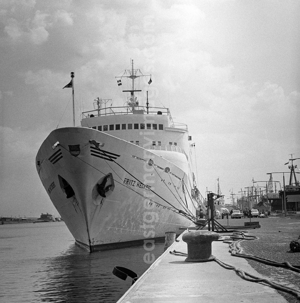 GDR photo archive: Rostock - The FDGB Free German Trade Union Federation, cruising boat Fritz Heckert in the port of Rostock. Until its decommissioning in 1972, the Fritz Heckert was in use in the Baltic region and made trips to Iceland and the Mediterranean. Then it became the residence of the floating workers VEB people Stralsund