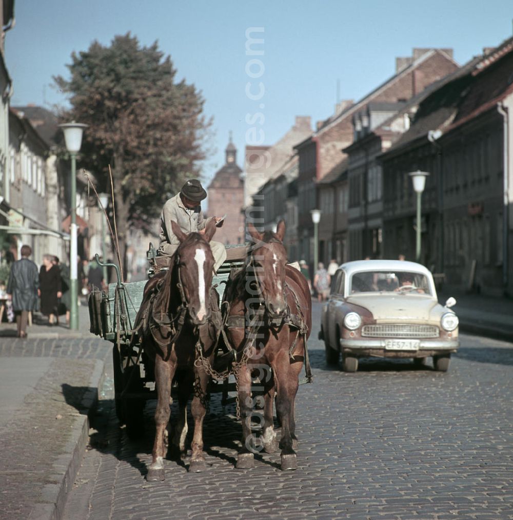 GDR photo archive: Bernau - Pferdegespann auf einer Straße in Bernau.