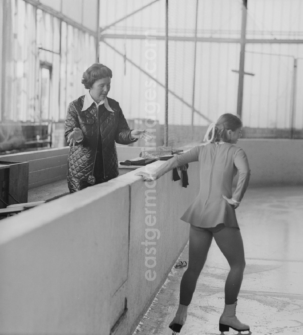 GDR photo archive: Berlin - Hohenschönhausen - DDR - figure skater Christine Errath (also known as Christine Trettin-Errath today Stüber-Errath) during training at Dynamo Sports Forum in Berlin with her coach Inge Wischnewski (1930 - 201