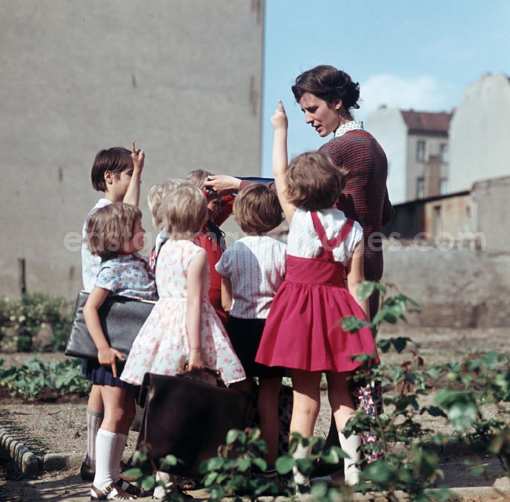 GDR image archive: Berlin - Die Lehrerin Rosemarie Siebert unterrichtet eine Klasse im Schulgarten einer Schule in Berlin.