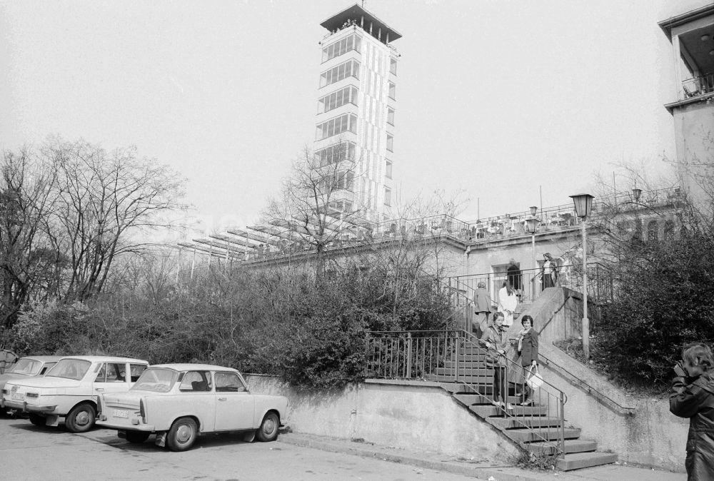 GDR picture archive: Berlin - The Mueggelturm is a well-known destination in the southeast of Berlin in Koepenick. It is south of the Mueggelsee in the Mueggelbergen on the small Mueggelberg. The tower with its restaurant quickly became a popular destination