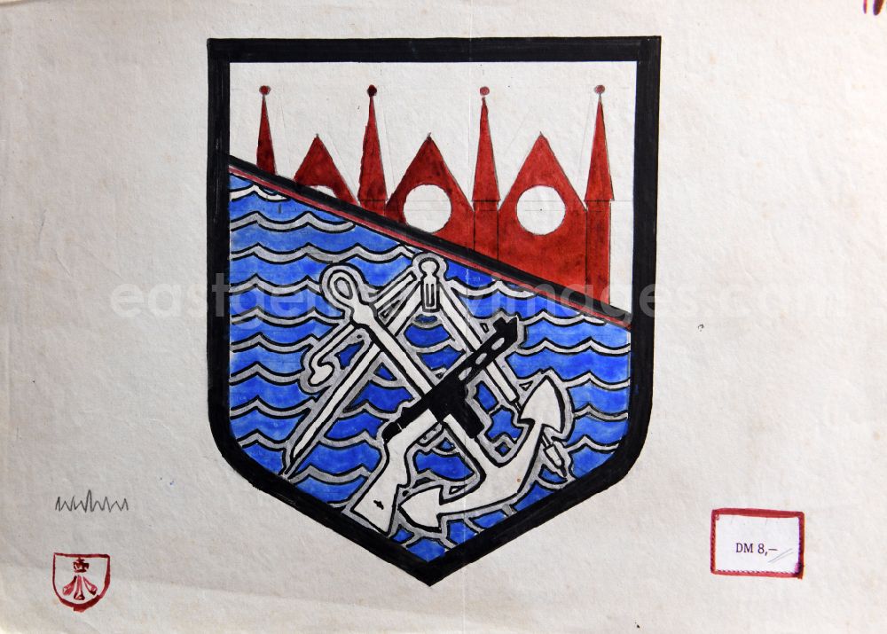 Stralsund: VG Image free work: Colored pencil drawing Service Coat of Arms of the Officers' School of the People's Navy by the artist Siegfried Gebser in Stralsund in the state Mecklenburg-Western Pomerania on the territory of the former GDR, German Democratic Republic