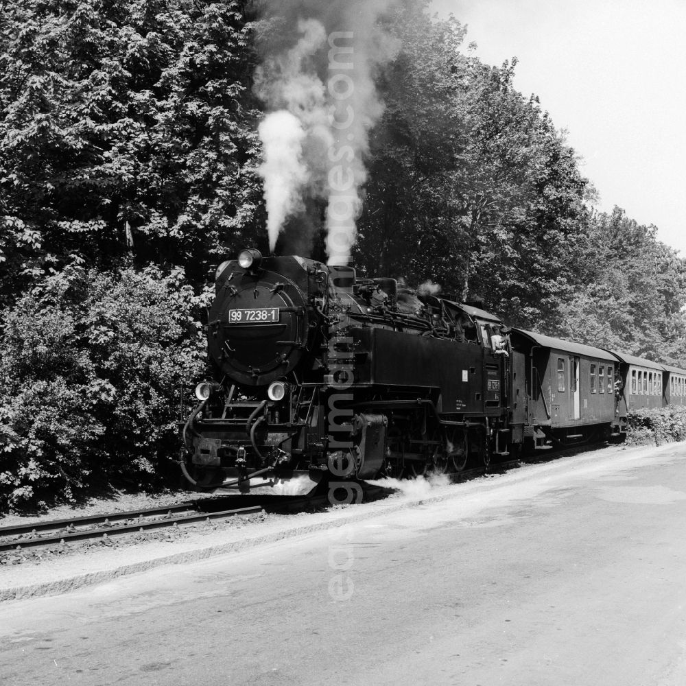 GDR image archive: Wernigerode - DR steam locomotive 99 7238-1 of Harzquerbahn in Wernigerode in Saxony-Anhalt on the territory of the former GDR, German Democratic Republic. The Harzquerbahn combines a narrow-gauge railway in meter gauge the cities Nordhausen in Thuringia and Wernigerode in Saxony-Anhalt. The single-track, non-electrified route through the Harz in north-south direction. Operators are the Harz narrow gauge railways GmbH (HSB)