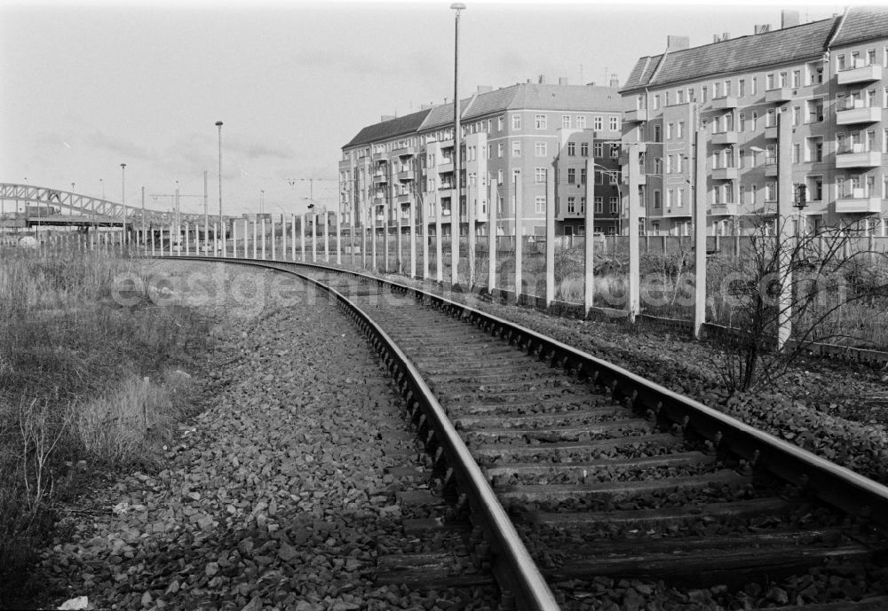 GDR image archive: Berlin - Former course of the Wall at the S-Bahn station Bornholmer Strasse with view towards the center and the TV tower in Berlin - Prenzlauer Berg, the former capital of the GDR, German Democratic Republic