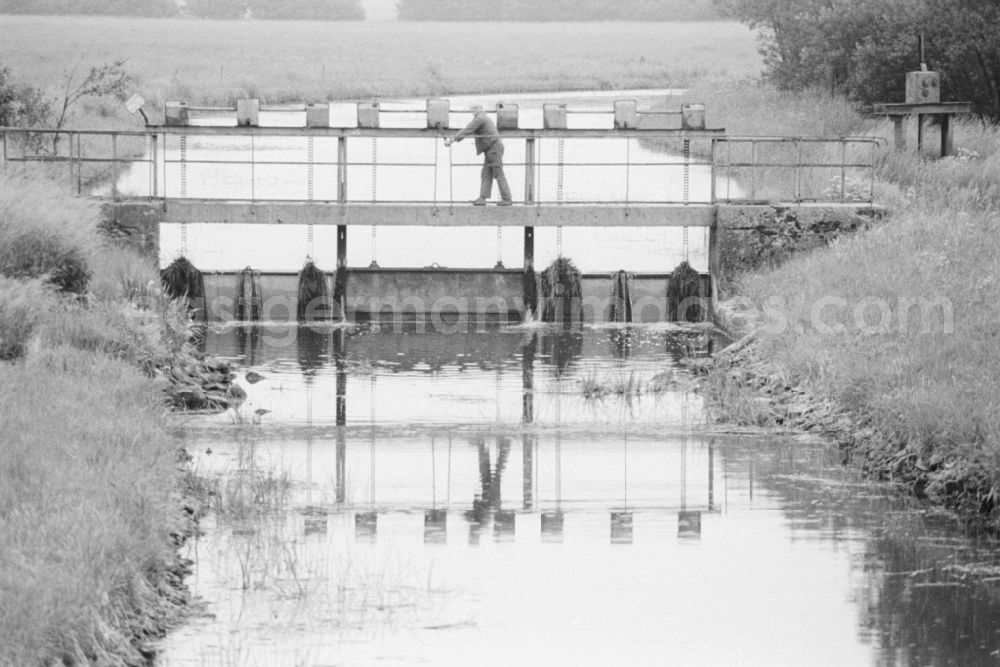 GDR picture archive: Lenzen (Elbe) - A weir between two fields in Lenzen (Elbe) in Brandenburg in the area of the former GDR, German Democratic Republic