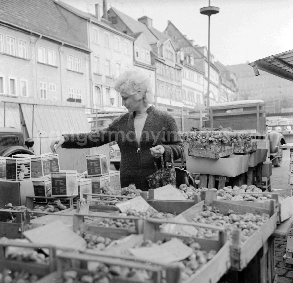 GDR image archive: Arnstadt - A woman buys bulb at the weekly market in Arnstadt in the federal state Thuringia in the area of the former GDR, German democratic republic