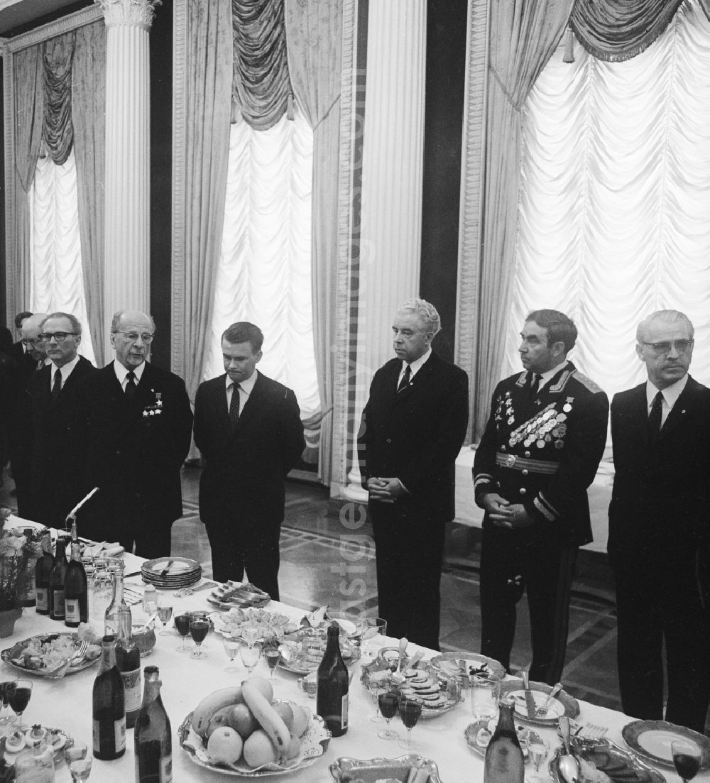 GDR photo archive: Berlin - Reception on the occasion of the 26th anniversary of liberation from fascism in the Embassy of the Union of Soviet Socialist Republics (USSR) in Berlin, the former capital of the GDR, the German Democratic Republic. From right to left: Chairman of the Council of State Willy Stoph (1914 - 1999), Major General of the Red Army, and first Director General of the Wismut AG Mikhail Mitrofanovich Maltsev (1904 - 1982), Ambassador of the USSR Pyotr Andreyevich Abrassimov (1912-20