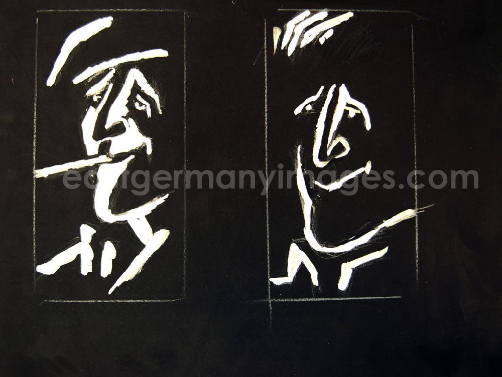 GDR photo archive: Berlin - Entwurf von Herbert Sandberg zu den Holzschnitten Bertolt Brecht 37,5x27,7cm Bleistift und Pinsel auf Pappe. Links: Brecht im Halbprofil mit Mütze raucht; rechts: Brecht im Halbprofil nah rechts.