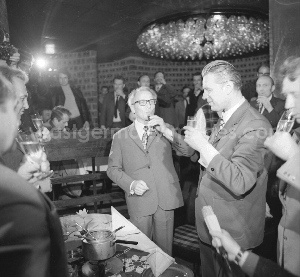 Berlin: Erich Honecker, secretary general of the central committee ZK of the SED socialist united party of Germany and chairpersons of the council of state to guest by a fish restaurant in Berlin, the former capital of the GDR, German democratic republic