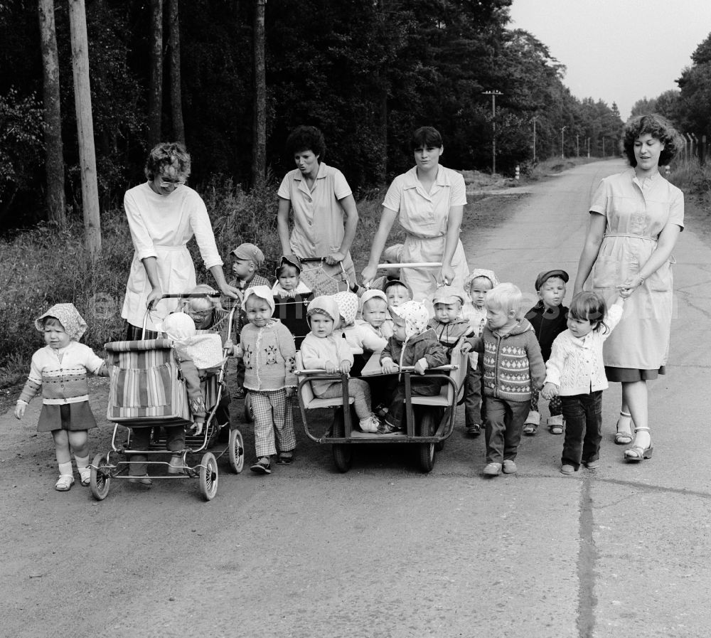 GDR photo archive: Prora - Educators take the nursery school children for a walk in Prora in the federal state Mecklenburg-Vorpommern on the territory of the former GDR, German Democratic Republic