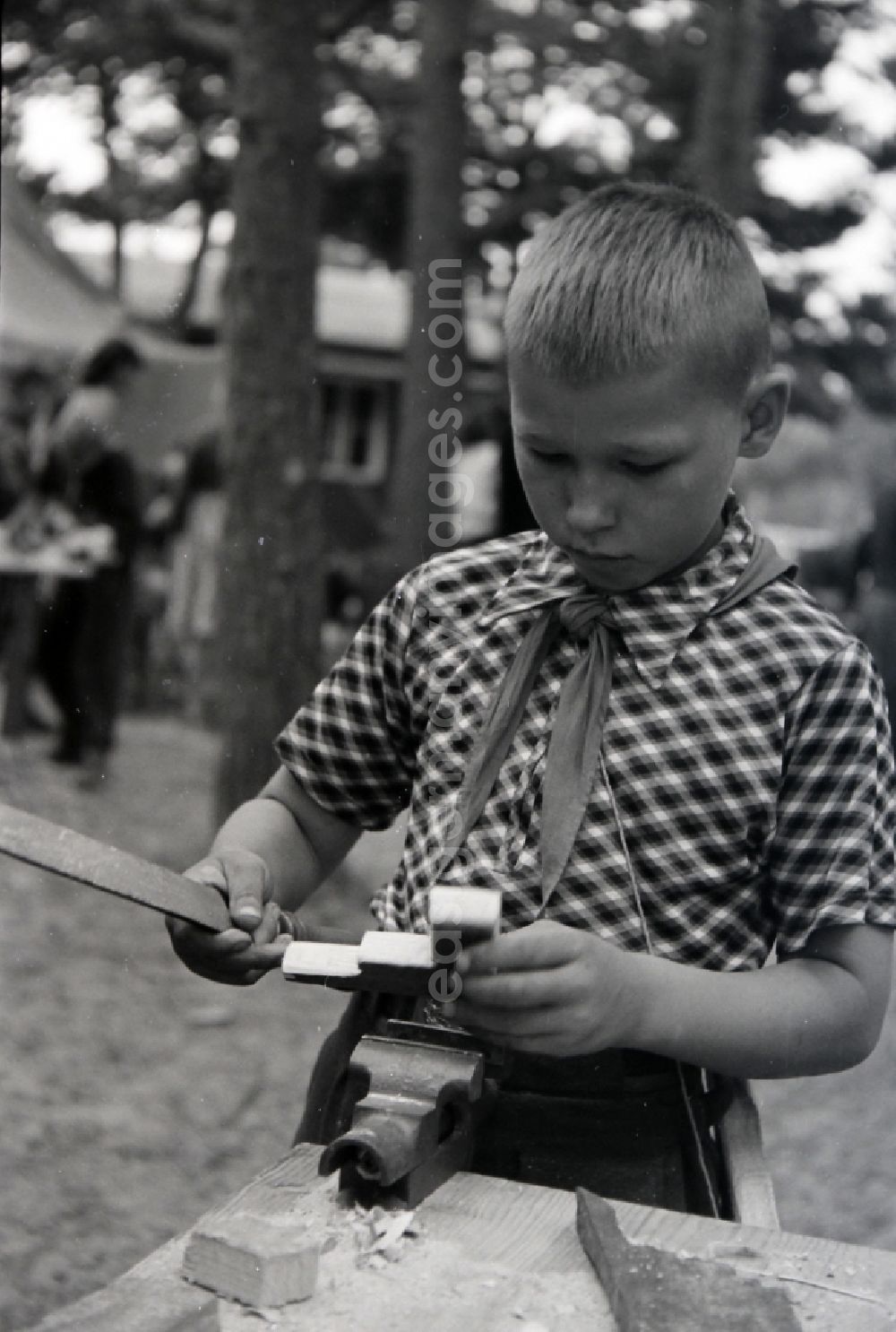 GDR image archive: Prerow - Game with homemade wooden weapons by students and youths in the summer camp Kim Ir Sen of the pioneer organization Ernst Thaelmann in Prerow in the state Mecklenburg-Western Pomerania on the territory of the former GDR, German Democratic Republic