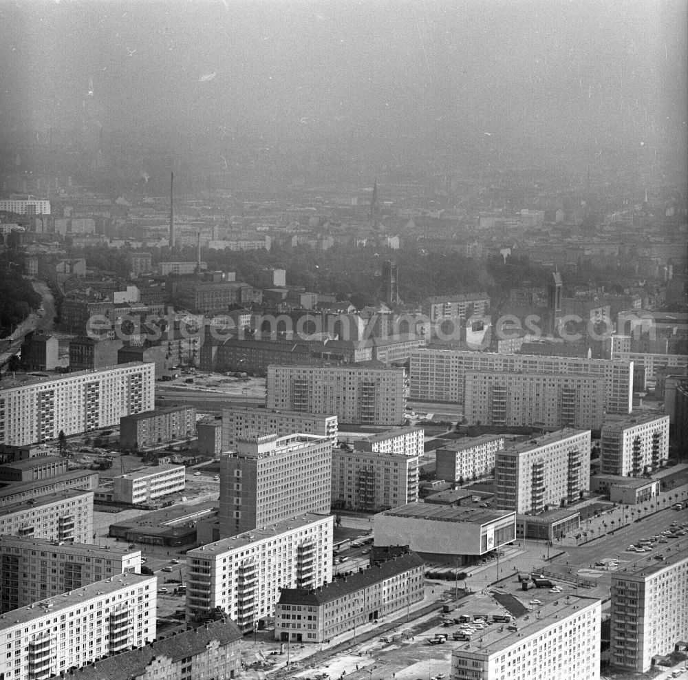 GDR picture archive: Berlin - View from the TV Tower construction site in the direction of Karl-Marx-Allee and the district of Friedrichshain in Berlin-Mitte