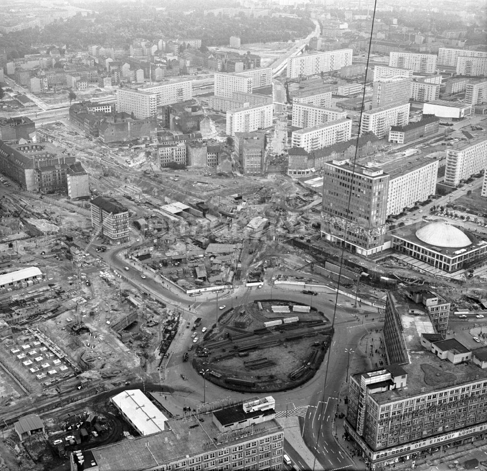 GDR photo archive: Berlin - Construction site of the TV tower and the public square Alexanderplatz in Berlin-Mitte