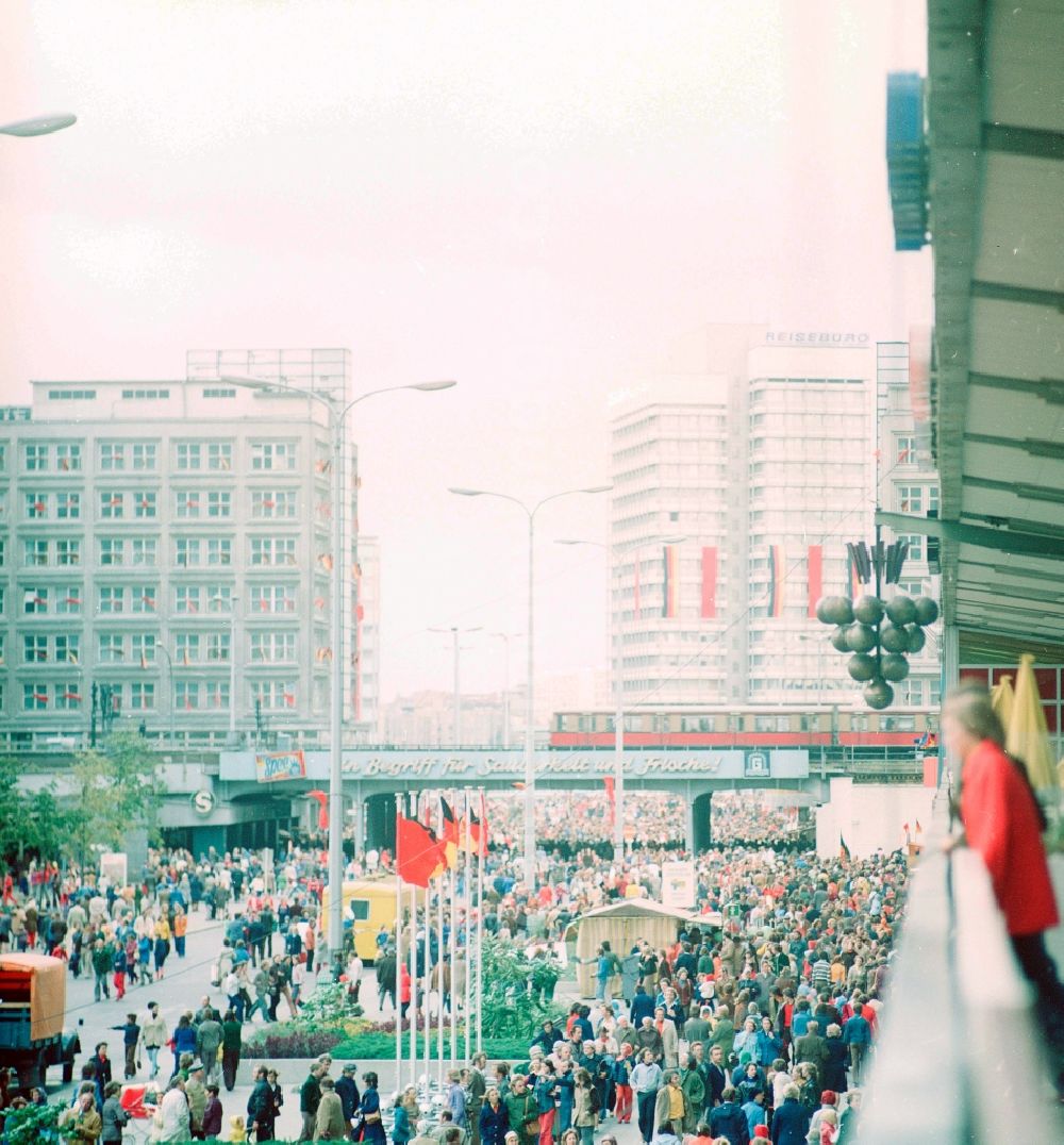 Berlin: Festively decorated with flags for the Day of the Republic at Alexanderplatz in Berlin, the former capital of the GDR, German Democratic Republic