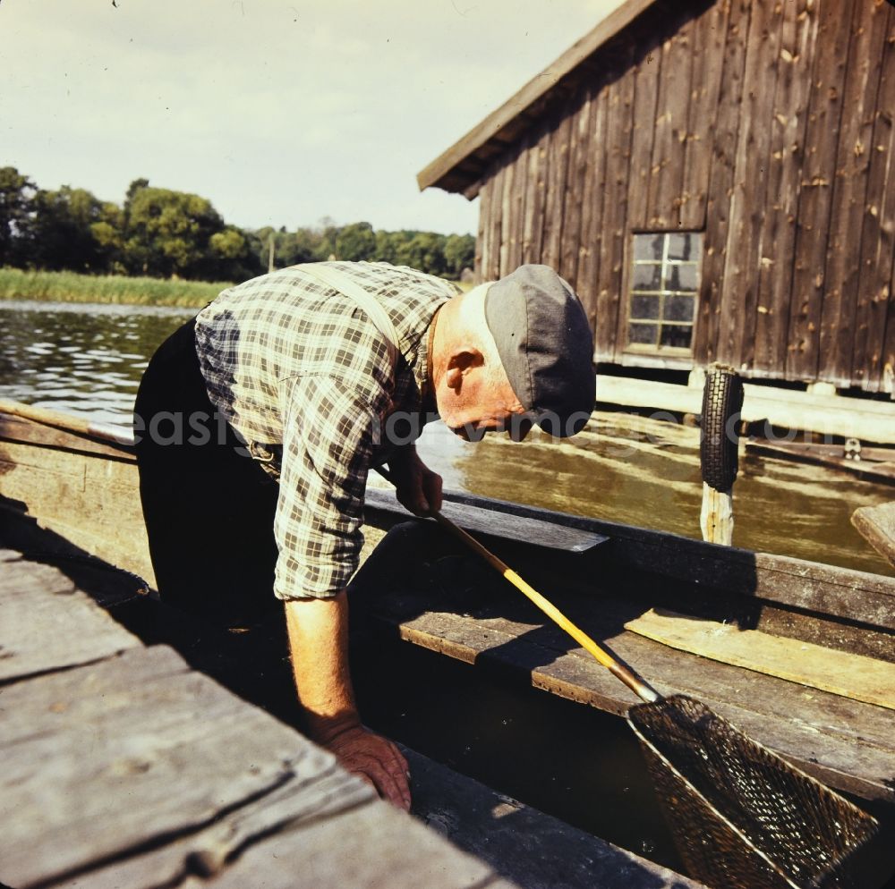 GDR photo archive: Kargow - Fisherman at work in his boat on Specker See in Kargow in the state Mecklenburg-Western Pomerania on the territory of the former GDR, German Democratic Republic
