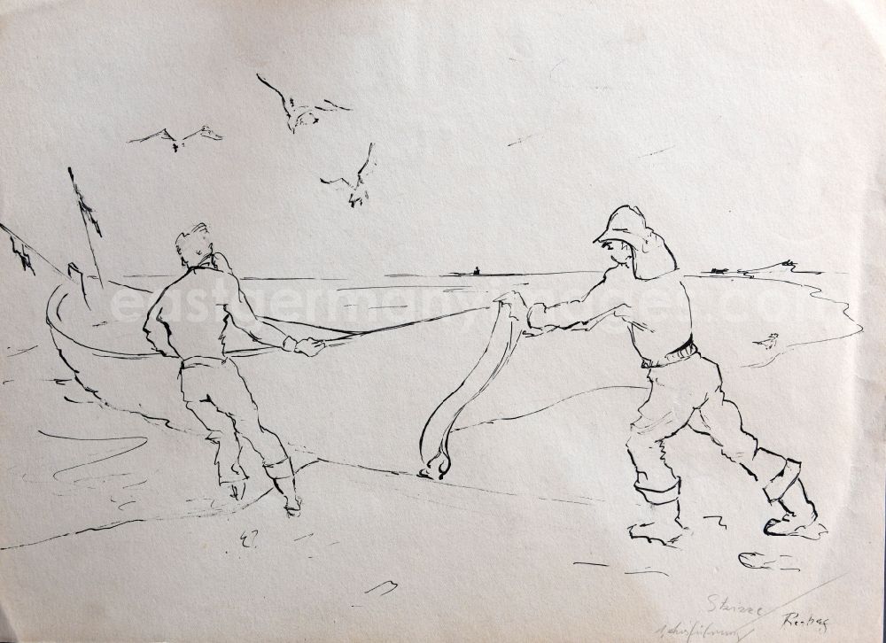 GDR picture archive: Stralsund - VG image free work: ink drawing Fisherman with a boat on the beach by the artist Siegfried Gebser in Stralsund in the state Mecklenburg-Western Pomerania on the territory of the former GDR, German Democratic Republic