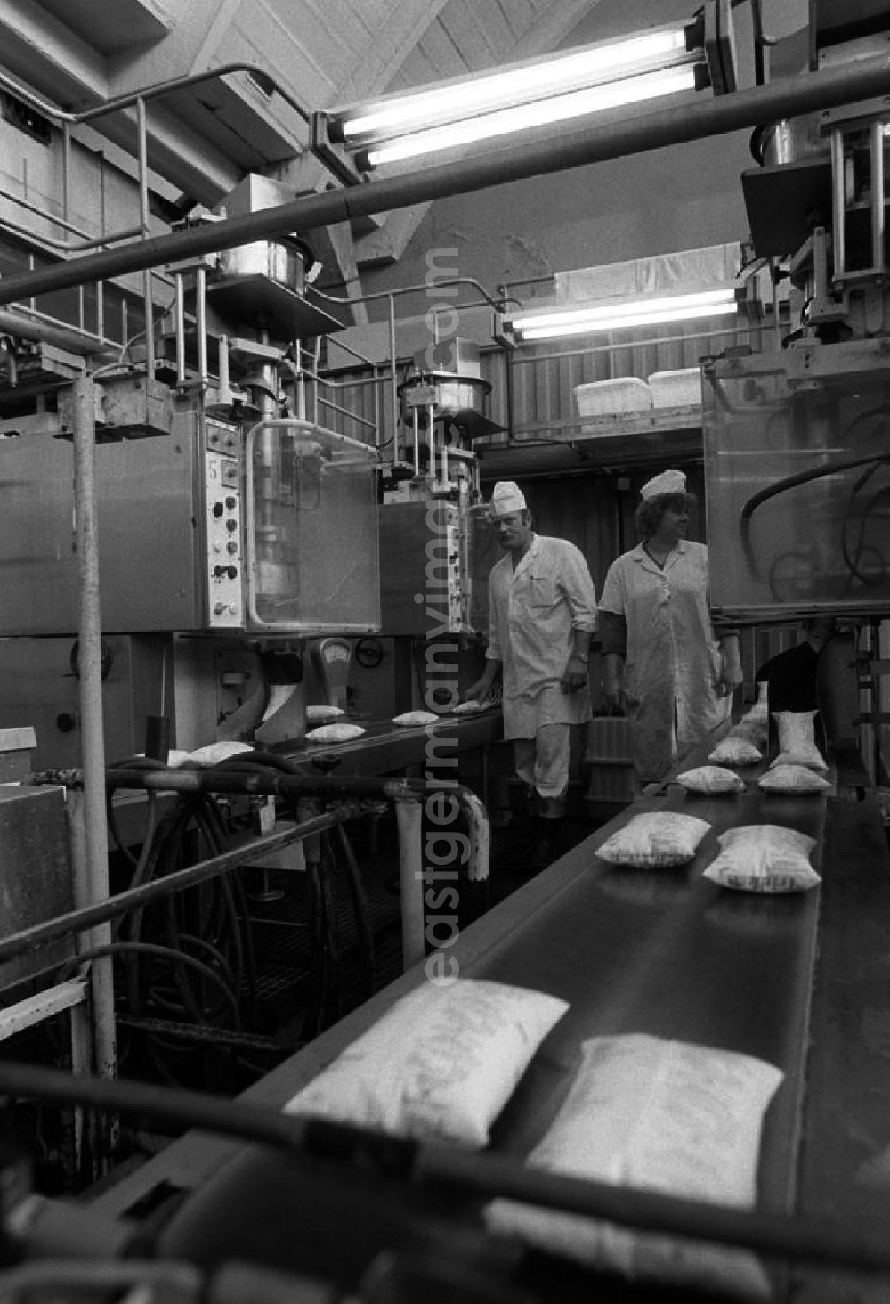 GDR picture archive: Berlin - In Plastiktüten verpackte Vollmilch wird in einem Milchhof über Fließbänder weitergeleitet. Zwei Arbeiter stehen neben dem Fließband.