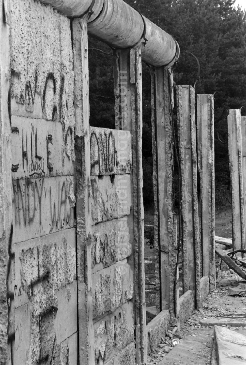 GDR photo archive: Berlin - Fragments of the decaying border fortifications and wall as well as security structures in the former border strip of the state border on a camp of the border troops in the district Steinstuecken in Berlin on the territory of the former GDR, German Democratic Republic