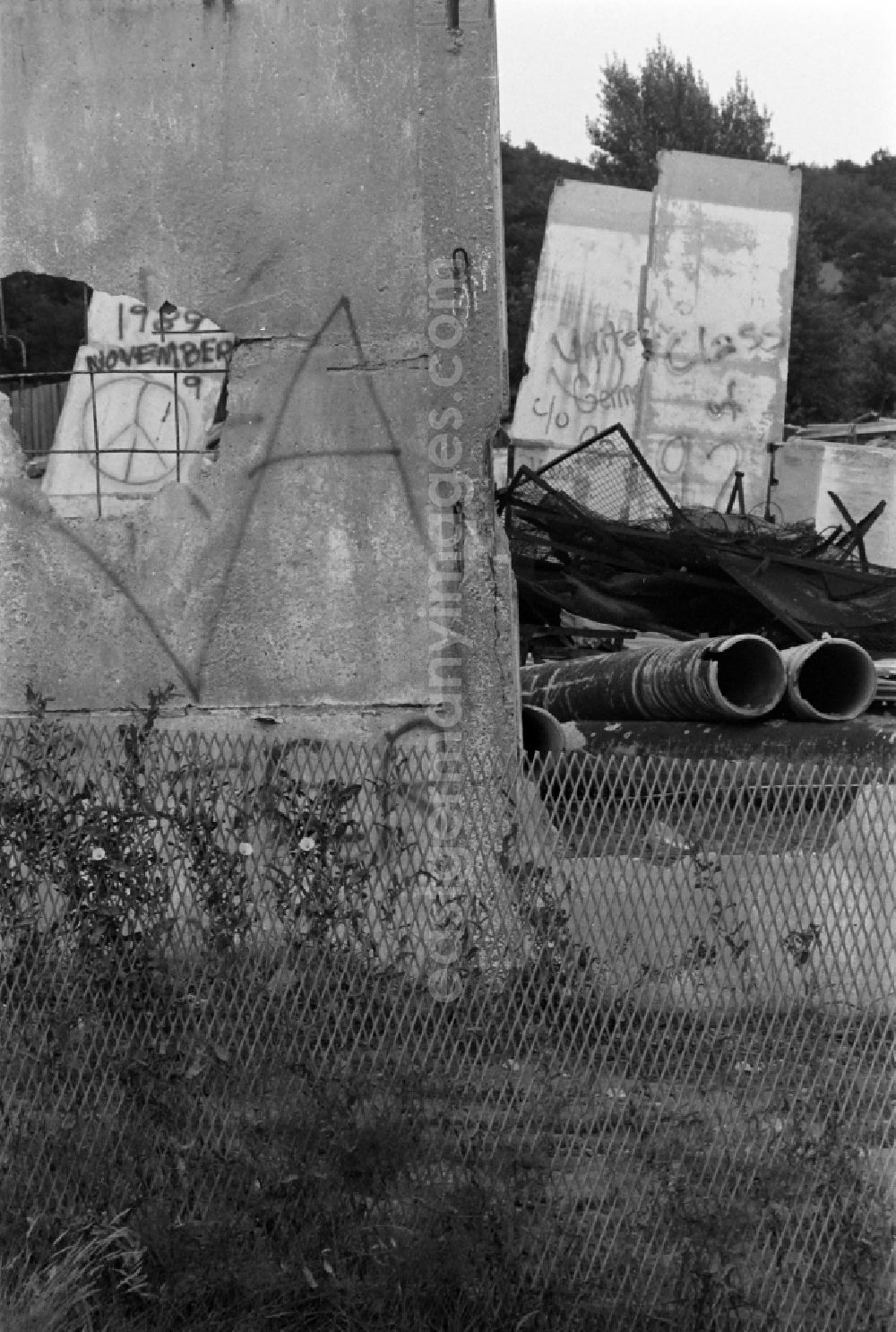 Berlin: Fragments of the decaying border fortifications and wall as well as security structures in the former border strip of the state border on a camp of the border troops in the district Steinstuecken in Berlin on the territory of the former GDR, German Democratic Republic