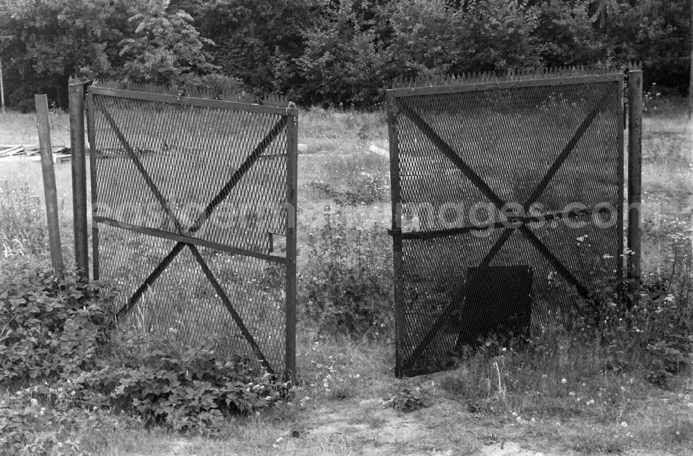 GDR image archive: Berlin - Fragments of the decaying expanded metal barriers of the border fortifications and wall as well as security structures in the former border strip of the state border on a camp site of the border troops in the district of Steinstuecken in Berlin on the territory of the former GDR, German Democratic Republic