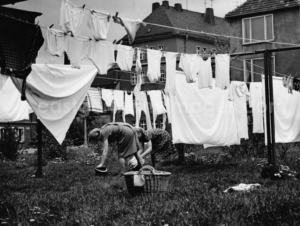 GDR picture archive: Fienstedt - Women hanging up washed laundry on the laundry area in the yard as work and household activity in the living area in Fienstedt, Saxony-Anhalt in the area of ??the former GDR, German Democratic Republic