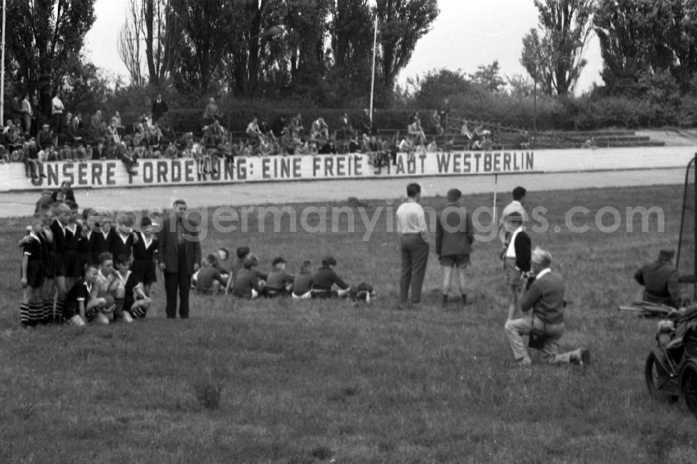 GDR picture archive: Merseburg - Football match in the stadium in Merseburg in the federal state Saxony-Anhalt in the area of the former GDR, German democratic republic