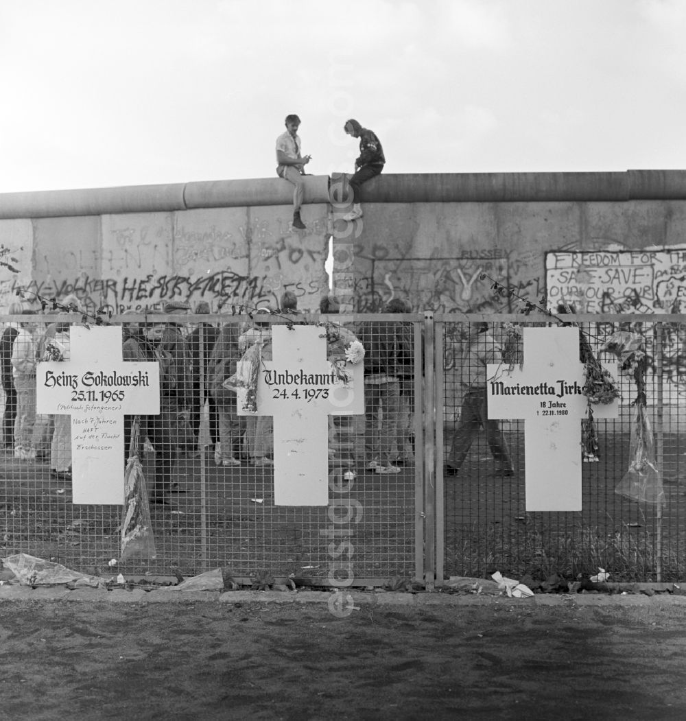 GDR photo archive: Berlin - Mitte - Memorial crosses for victims Wall in Berlin at the Reichstag shore. South of the Reichstag at the edge of the Tiergarten 15 white crosses representing all victims of the Berlin Wall. In the background is still the Berlin Wall