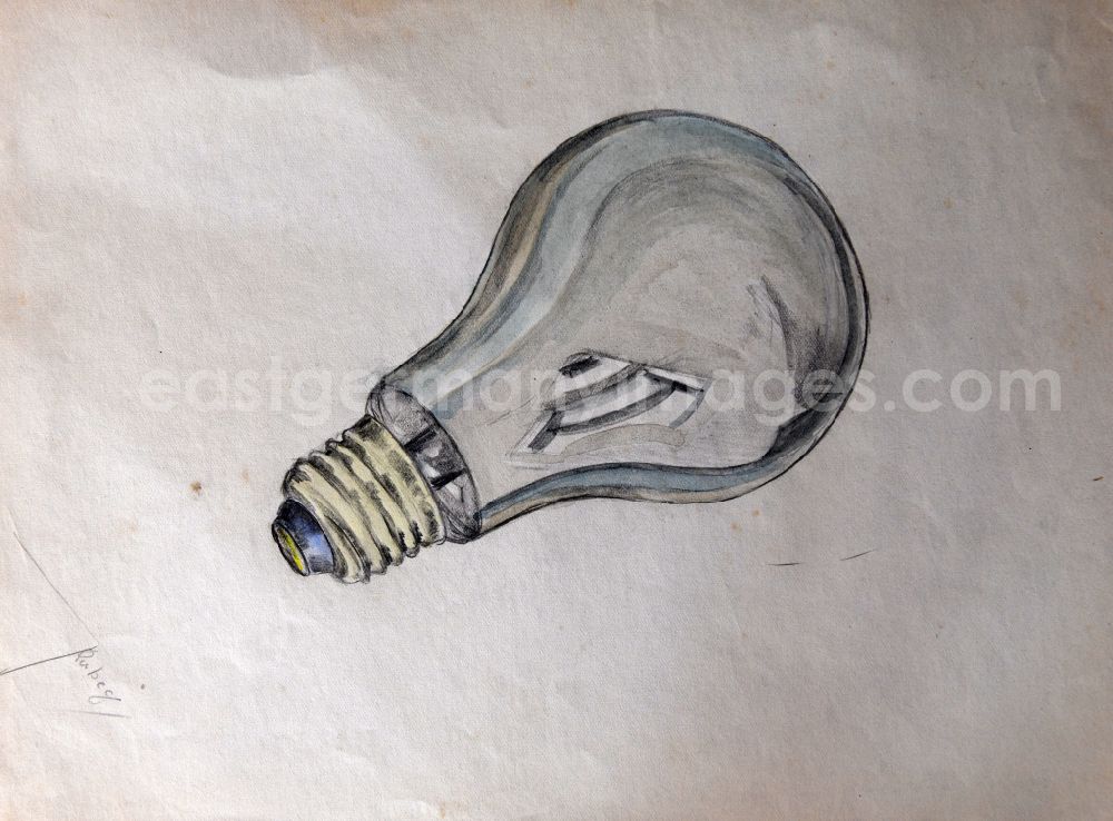 Halberstadt: VG Image free work: Colored pencil drawing light bulb by the artist Siegfried Gebser in Halberstadt in the state Saxony-Anhalt on the territory of the former GDR, German Democratic Republic