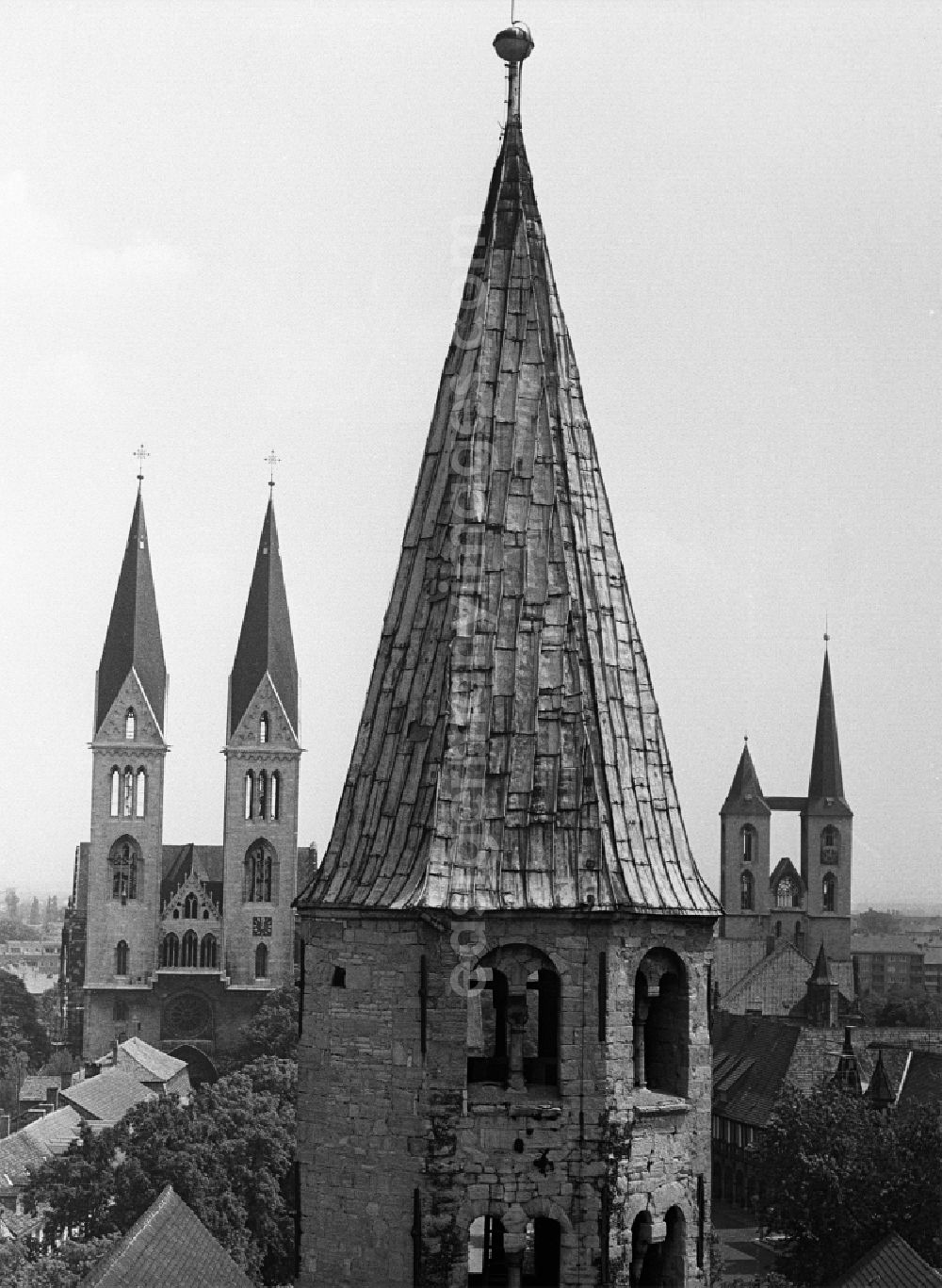 Halberstadt: Bell tower of the sacred building of the church Liebfrauenkirche, Martinikirche und Dom in Halberstadt in the state Saxony-Anhalt on the territory of the former GDR, German Democratic Republic