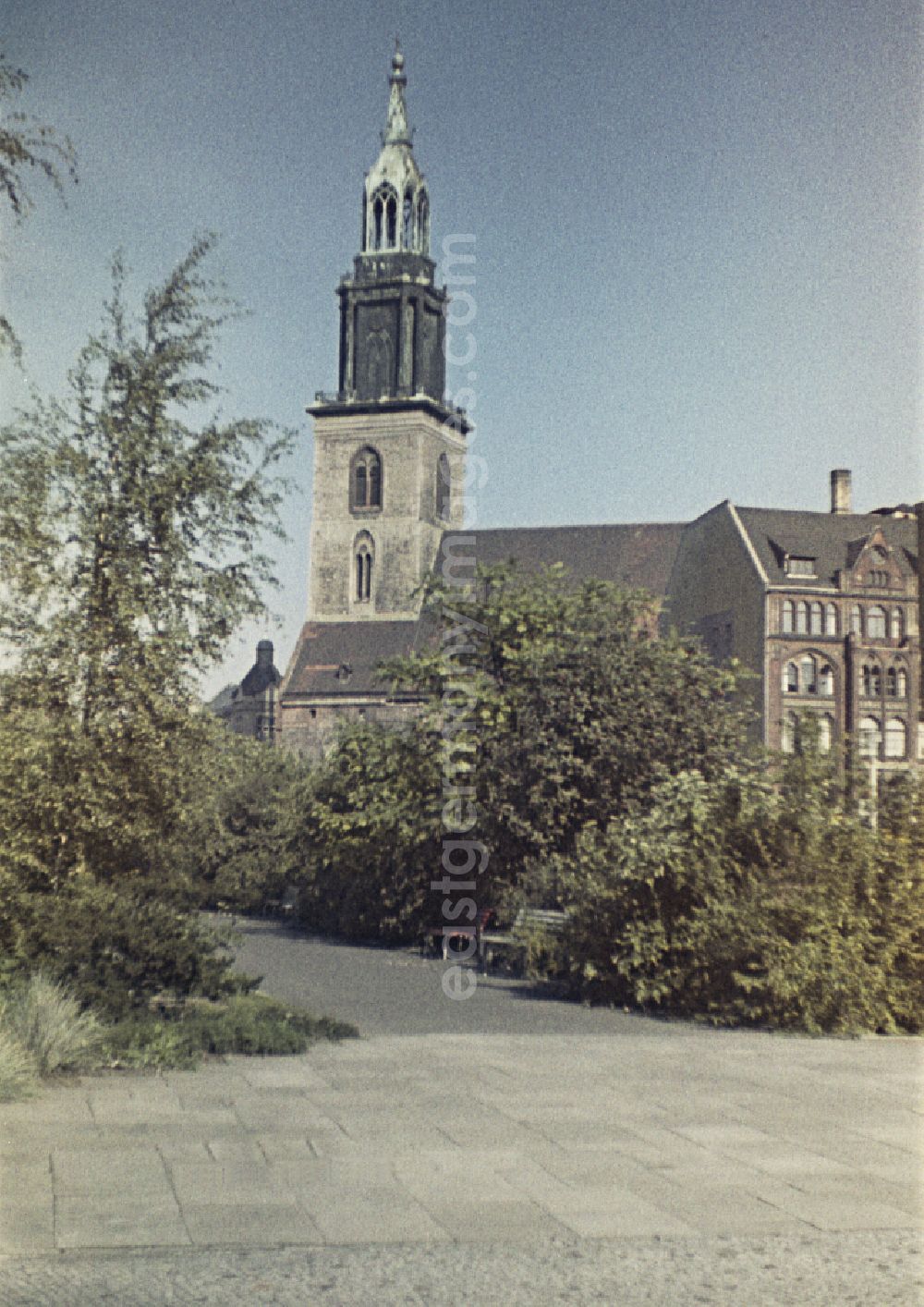 GDR image archive: Berlin - Bell tower of the sacred building of the church St. Marienkirche on street Karl-Liebknecht-Strasse in the district Mitte in Berlin Eastberlin on the territory of the former GDR, German Democratic Republic